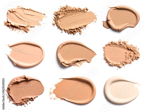 Nine swatches of makeup foundation in various shades and textures, displayed against a white background