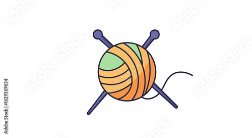 A simple, colorful illustration of a yarn ball with crossed knitting needles, representing the hobby of knitting, crafting, and handmade creations.
