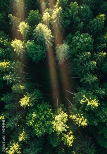 Sun-drenched canopy: An aerial view of dense evergreen trees bathed in golden light