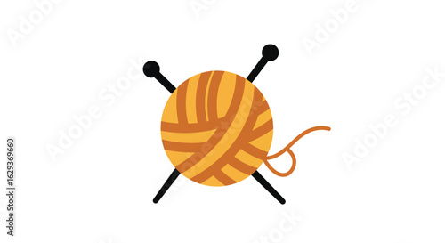 Vibrant orange ball of yarn with crossed knitting needles, symbolizing the craft of knitting, handmade goods, and cozy hobbies. Flat vector icon.