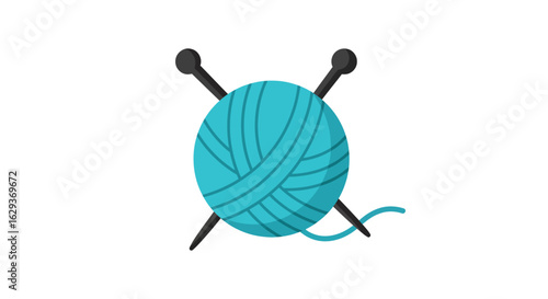 A vibrant turquoise ball of yarn with two crossed knitting needles. A simple flat icon representing the hobby of knitting and crafting.