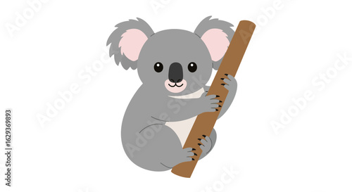 A charming grey koala clinging to a tree branch. Simple vector graphic illustration isolated on a white background.
