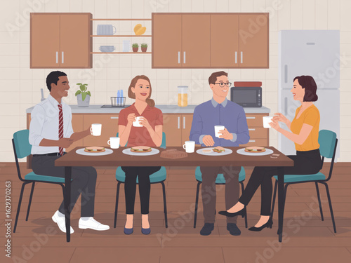 Friendly Colleagues Sharing Lunch in Office Break Room, Flat Vector Team Scene