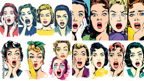 Pop art illustrations of shocked and surprised women with expressive facial reactions—perfect for retro comics, emotions, or vintage advertising themes.

