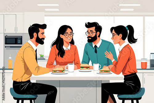  Vector of Coworkers Having Lunch Together in Office Kitchen, Friendly Team Interaction