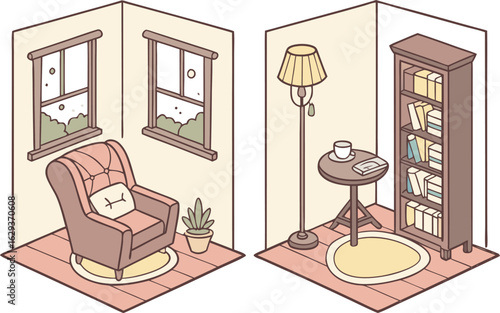 Cozy isometric living room scenes featuring a plush armchair by a window and a reading nook with a bookshelf and floor lamp