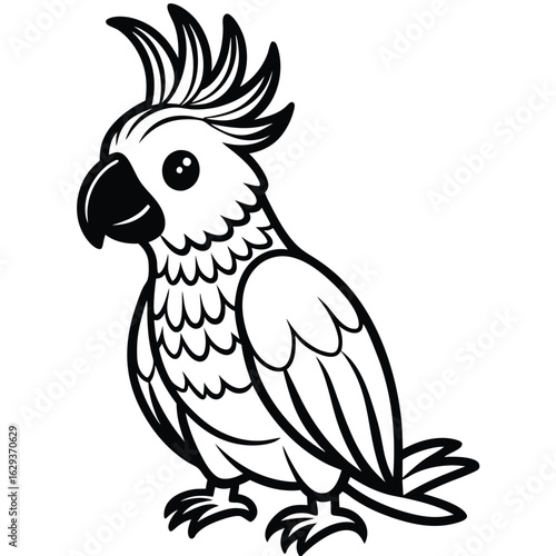 Cartoon cockatoo isolated on white background in black and white