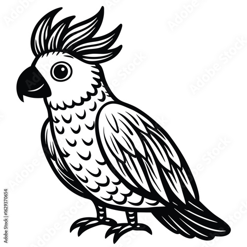 Cartoon cockatoo isolated on white background in black and white