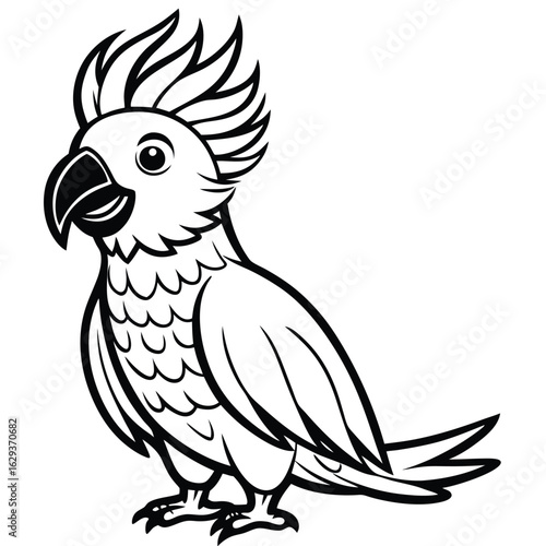 Cartoon cockatoo isolated on white background in black and white