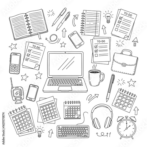 Overhead view of a cluttered desk with a laptop phone coffee and various office supplies in a hand drawn silhouette style