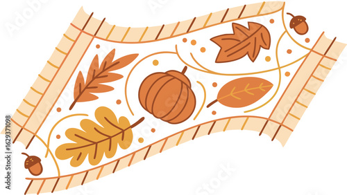A charming flat lay illustration featuring autumn leaves pumpkins acorns and swirling vines on a textured background with a decorative border