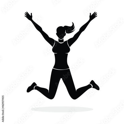 Joyful Silhouette of a Woman in Athletic Wear Jumping High with Arms Extended Upwards