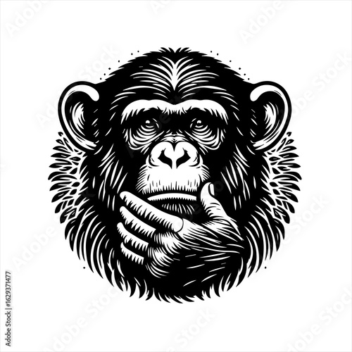 Chimpanzee covering its mouth with its hand in a thoughtful or secretive gesture