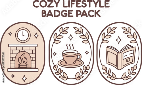 Cozy lifestyle badge pack featuring a fireplace hot beverage and open book for a relaxing and comfortable aesthetic