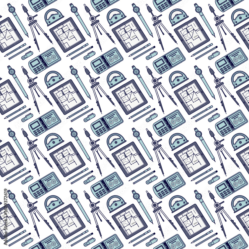 Obraz premium Engineering Blueprint Pattern: A Repetitive Design with Compasses, Rulers, Calculators, Tripods, and Detailed Sketches for Technical Accuracy