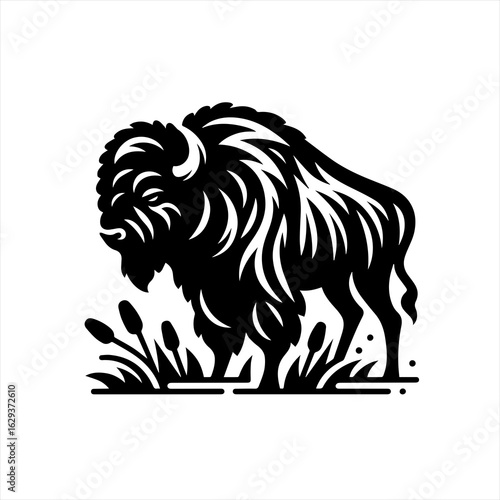 Stylized black silhouette of a bison standing in grass and reeds