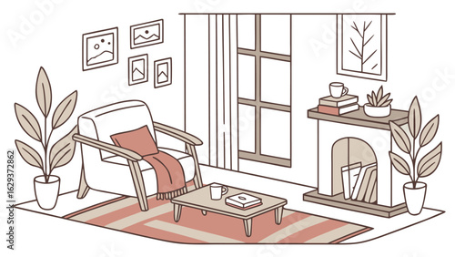 Cozy living room scene with armchair coffee table fireplace and plants in a minimalist line art style