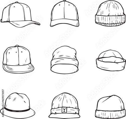 Collection of various hand-drawn hats including baseball caps, beanies, and bucket hats

