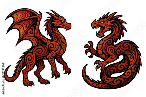 Vibrant tribal-style dragon illustrations with fire patterns