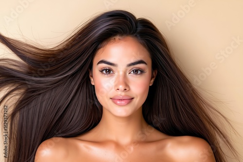 A woman with long brown hair is posing for a picture