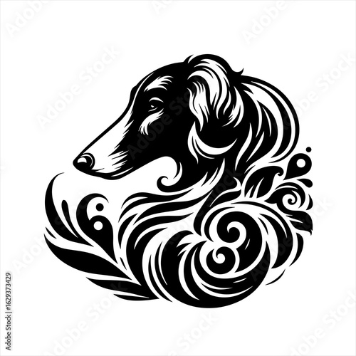 Elegant black silhouette of a borzoi dog with decorative swirls and leaves