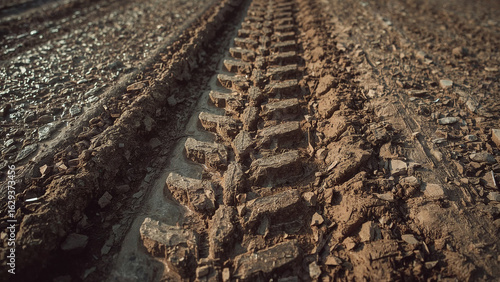 Tractor tire track in wet clay soil.