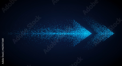 Glowing blue particle arrow moving right against dark background particles digital
