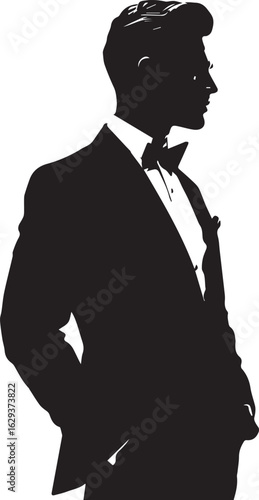 Elegant man in a tuxedo with a bow tie, shown in a stylish side-profile silhouette

