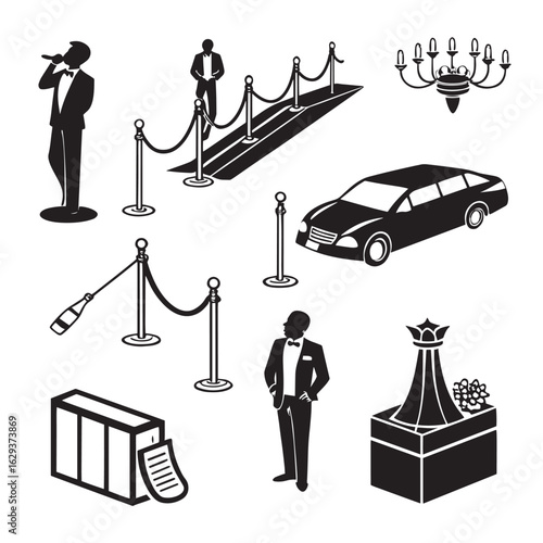 Collection of stylized black and white illustrations depicting elements of a glamorous event with a red carpet and luxury