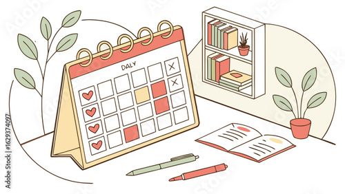 A charming illustration depicting a daily planner calendar with marked days a bookshelf an open book and writing utensils evoking a sense of organized productivity and self care