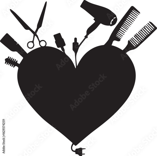 Heart-shaped silhouette with hairstyling tools like scissors, combs, and a hair dryer

