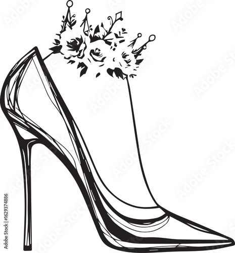 High heel shoe with a pointed toe and a stiletto heel, decorated with a floral crown

