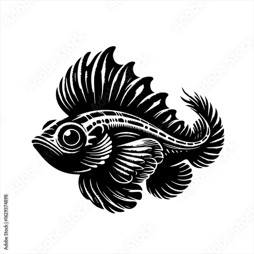 Stylized black and white illustration of a decorative fish with elaborate fins