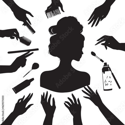 Stylized silhouette of a woman surrounded by hands holding various beauty and hair tools

