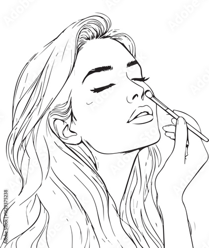 Woman with eyes closed applying makeup with a brush, creating a soft, elegant look

