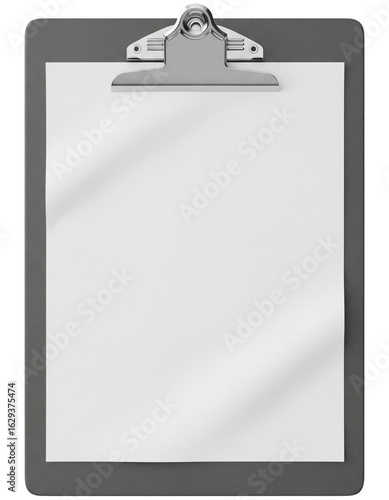 Gray clipboard with blank white paper and silver clamp isolated on transparent background