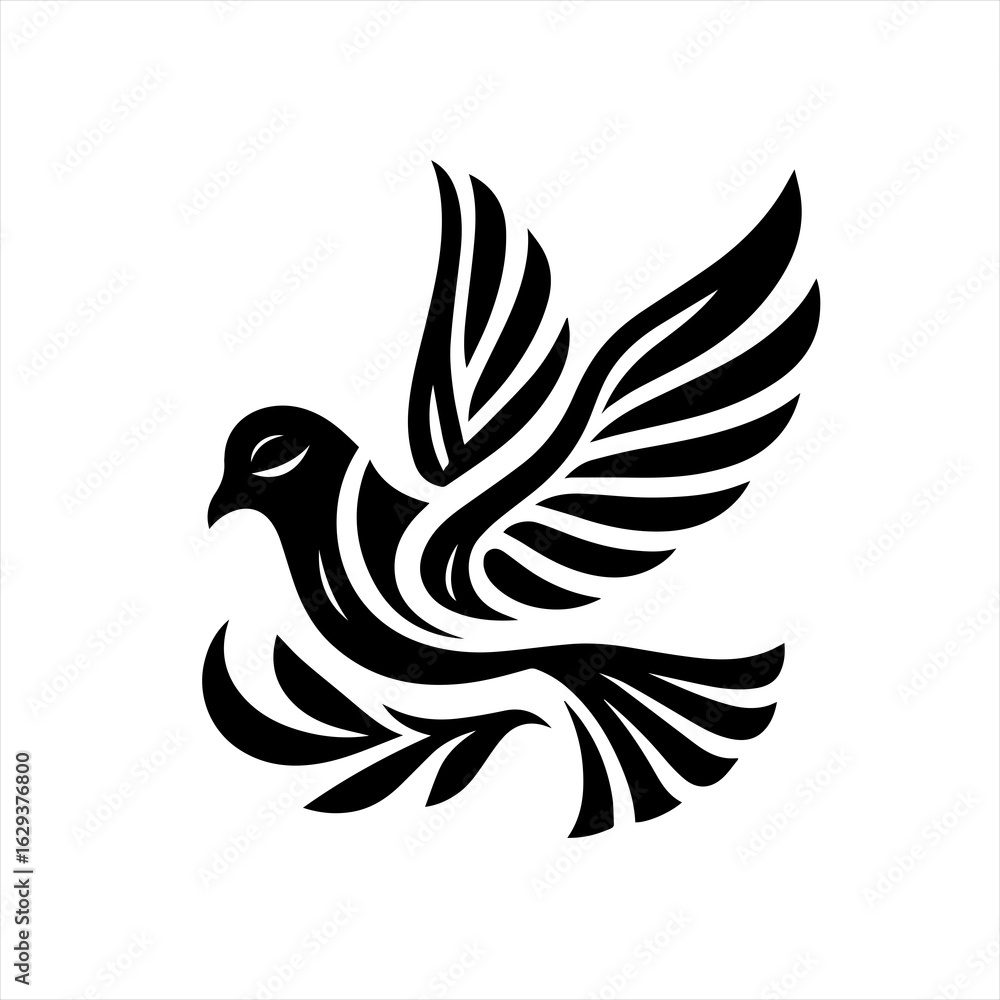 Obraz premium Stylized black silhouette of a dove with wings spread and a leaf branch