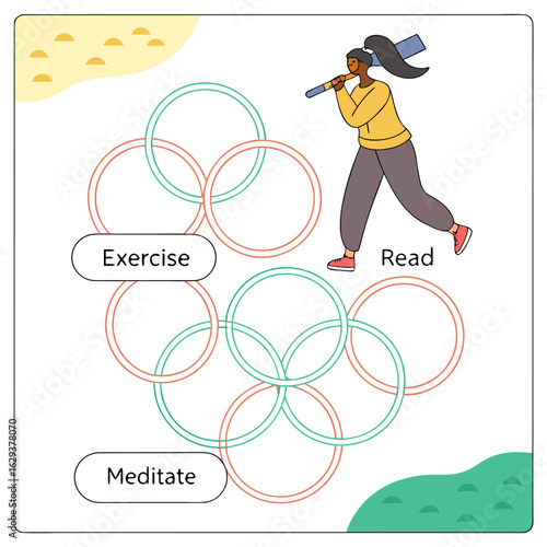A woman engages in healthy habits like exercise and reading symbolized by interconnected rings representing a balanced lifestyle and well being