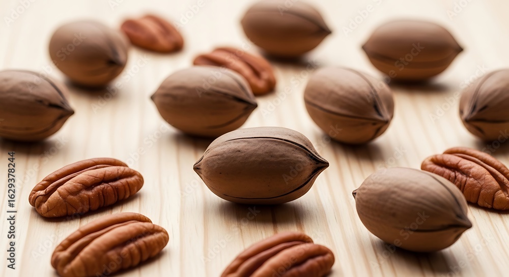 Naklejka premium Close-up view of multiple pecan nuts both shelled and unshelled on a wooden surface ready for baking