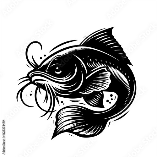 Stylized black and white catfish illustration