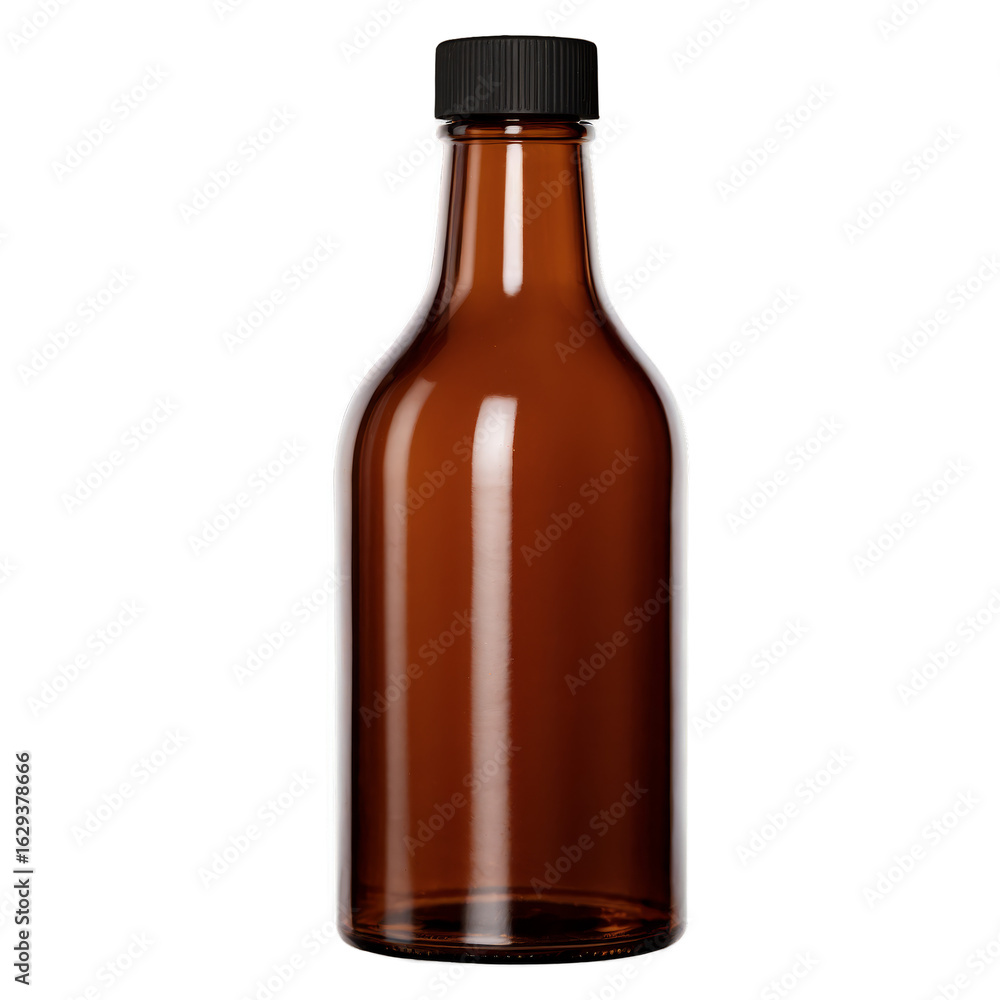 Brown Glass Bottle with Black Cap for Medicine, Cosmetics, or Essential Oils. Brown Glass Bottle with Black Cap for Medicine, Cosmetics, or Essential Oils.