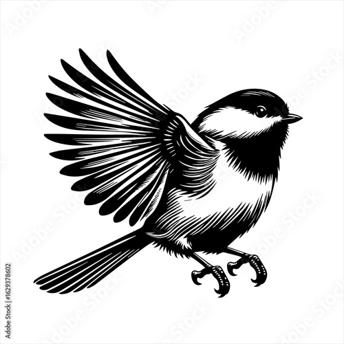 Black and white illustration of a chickadee bird in flight