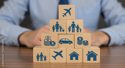 Wooden blocks with insurance icons and a person in the background family airplane