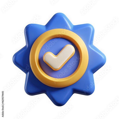 3d rendered blue starburst badge with golden ring and white checkmark symbol isolated on transparent background