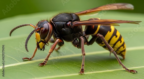 Detailed macro shot of a dangerous and invasive Asian hornet on a green leaf