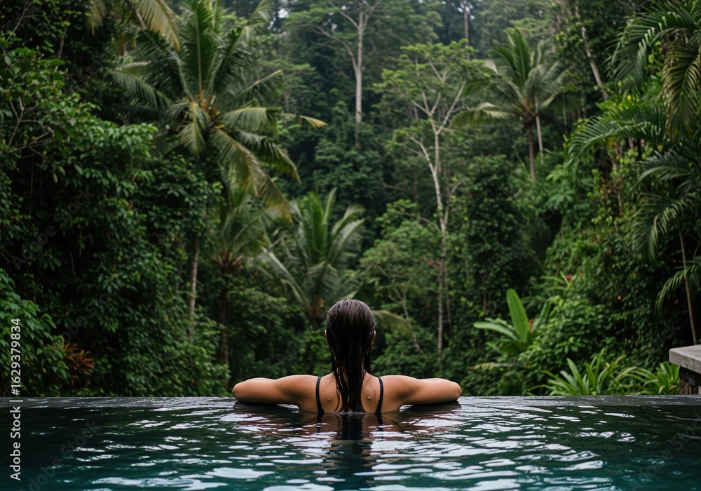 Fototapeta premium Woman in an infinity pool overlooking a lush tropical jungle