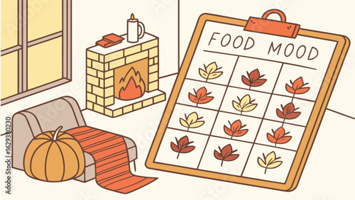 Cozy autumn scene with food mood tracker featuring falling leaves by a warm fireplace and a pumpkin