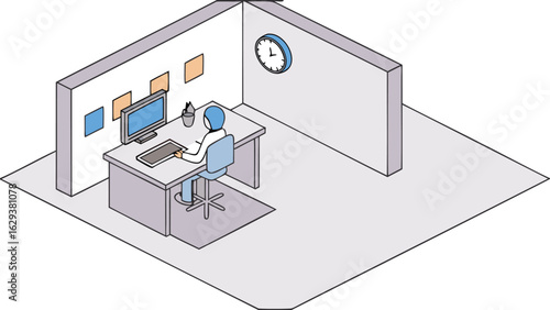 Isometric view of a person working at a computer in an office cubicle with wall clock and decor