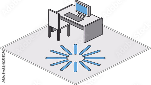 Isometric view of a desk with computer and chair on a rug with a blue radial pattern design