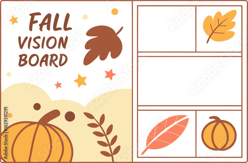 Create your autumn dreams with this cute fall vision board template featuring pumpkins leaves and stars for inspiration and goal setting
